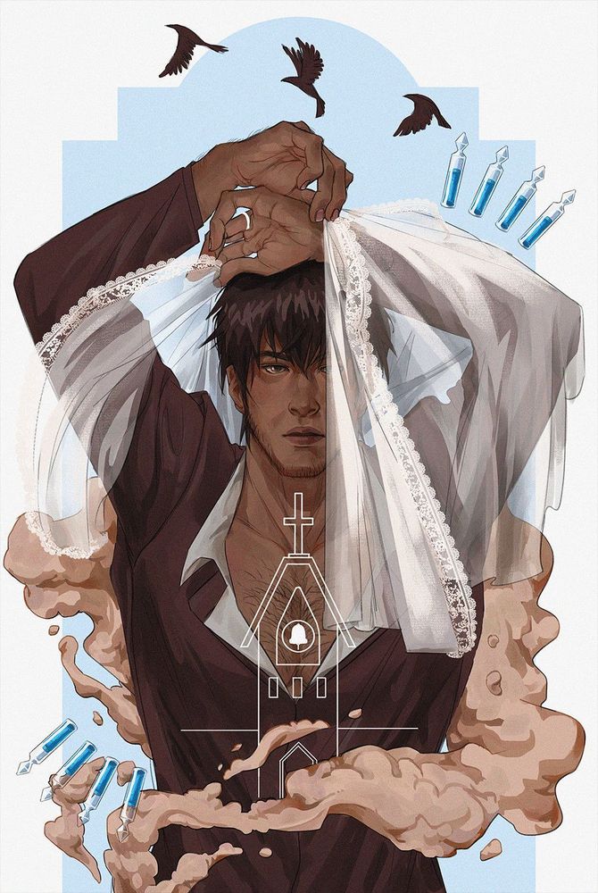An illustration of Wolfwood reaching over his head to pull on a wedding veil that obscures half his face. There is white ring on the ring finger of his left hand. He is wreathed by a thick plume of smoke and two sets of four serum bottles. A stark, white line drawing of the Hopeland Orphanage bell tower overlays Wolfwood's torso.