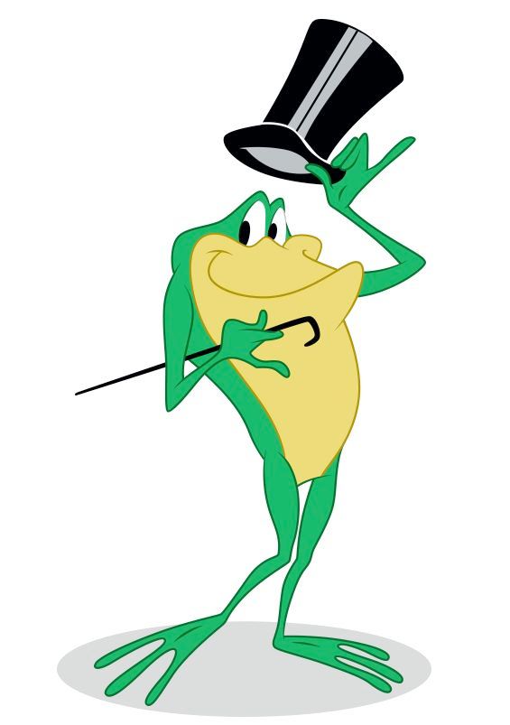 personagem de desenho animado "michigan j frog", um sapo verde e amarelo usando um chapéu cartola e uma varinha de dança (sei lá o nome disso)