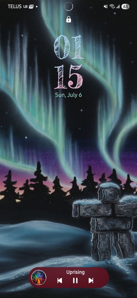 A painting of an inukshuk under teal northern lights at sunset. Lock screen. 