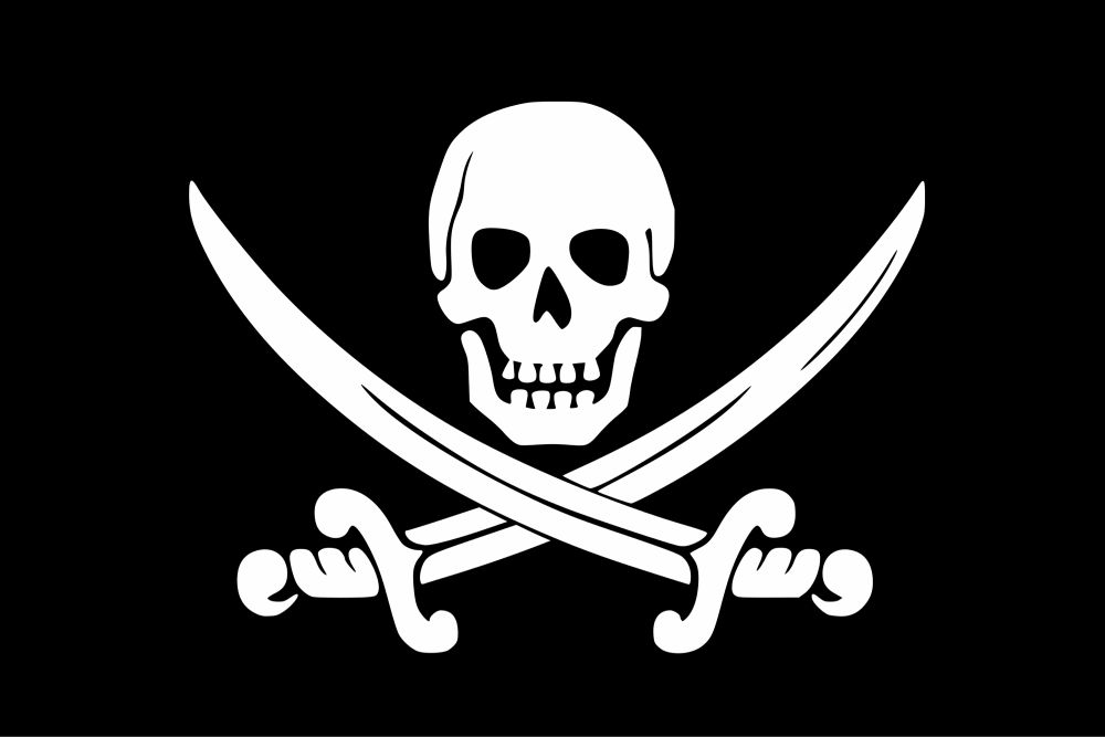 Jolly Roger flag, skull and crossed swords in white on a black background