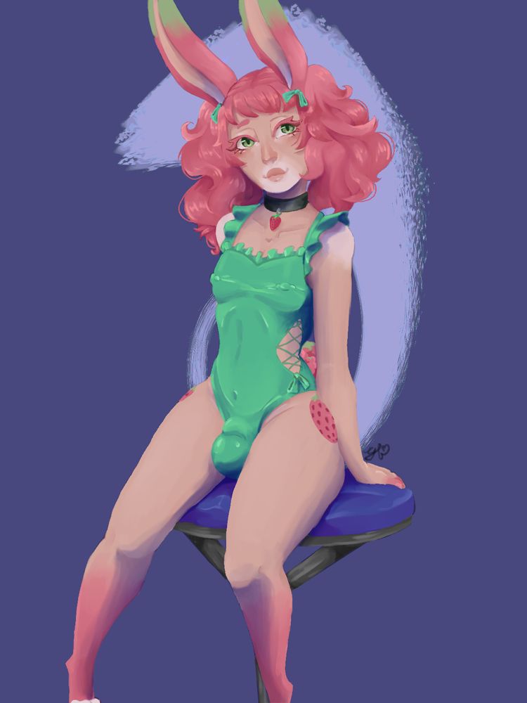 Pink, strawberry themed, femboy, bunny with big poofy pigtails sitting in greenish teal swimsuit 