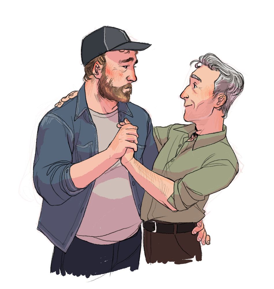 A colored spot illustration of Gabriel and Johnathan dancing, Johnathan looking a little bit embarrassed while Gabriel looks fond. The hand Johnathan has on Gabriel's waist is touching him with only two fingers.