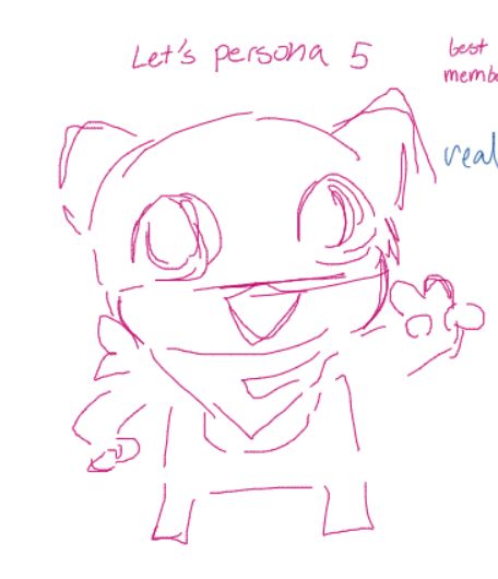 a doodle of morgana doing a peace sign with the text "let's persona 5" above it