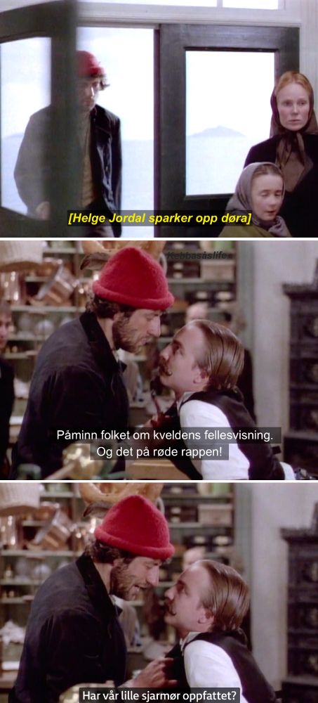 Scene fra 'Nattseilere' hvor Helge Jordals karakter sparker opp døra til kolonialen og krever fra ekspeditøren at han må påminne folk om dagens fellesvisning.