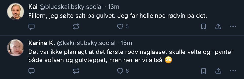Kai og Karines respektive innlegg om å søle med rødvin.