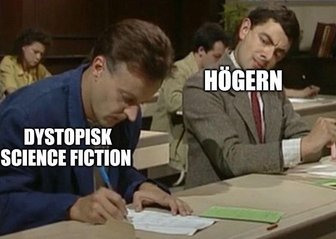Svensk Mr. Bean cheating test-meme, med Mr. Bean som 'Högern' som skriver av 'Dystopisk science fiction'.