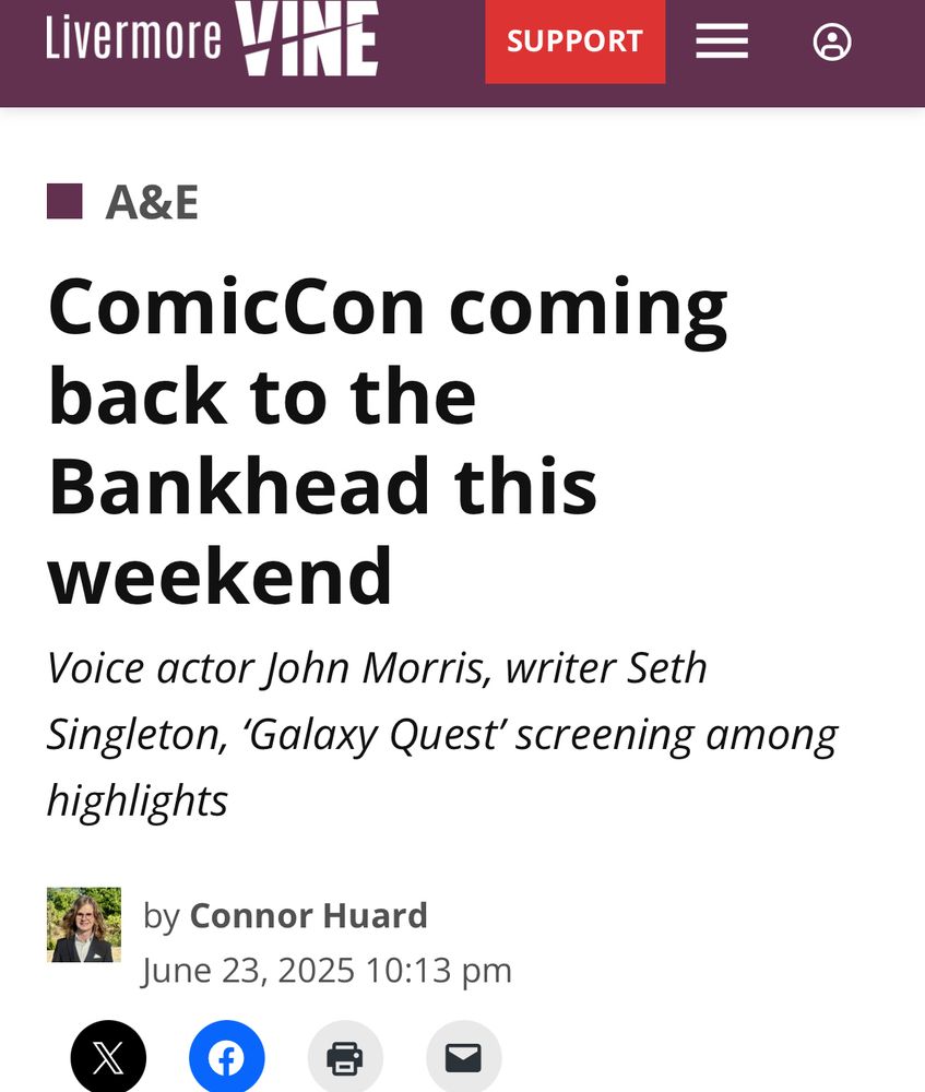 Headline for the Livermore vine publication which mentions comic con event at Bankhead and subheading includes writer, Seth Singleton