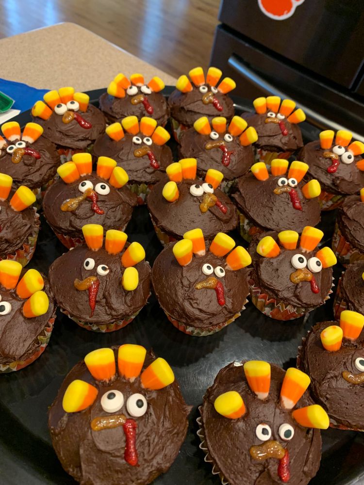 Chocolate cupcakes decorated to look like turkeys