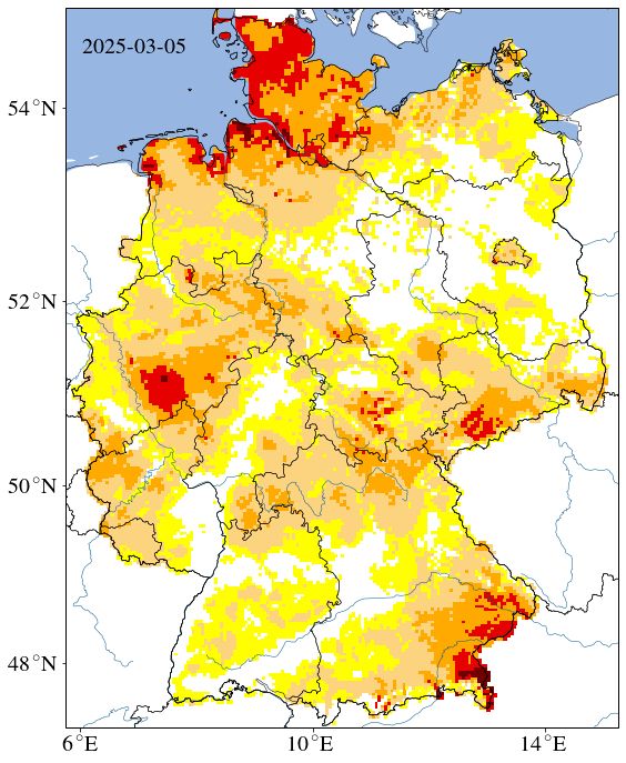 Dürre im Oberboden bis 25cm über die letzten 30 Tage.
Große Teile Deutschlands moderate Dürre oder schwere Dürre, in Teilen NRW und SH extreme Dürre
Quelle: https://www.ufz.de/duerremonitor