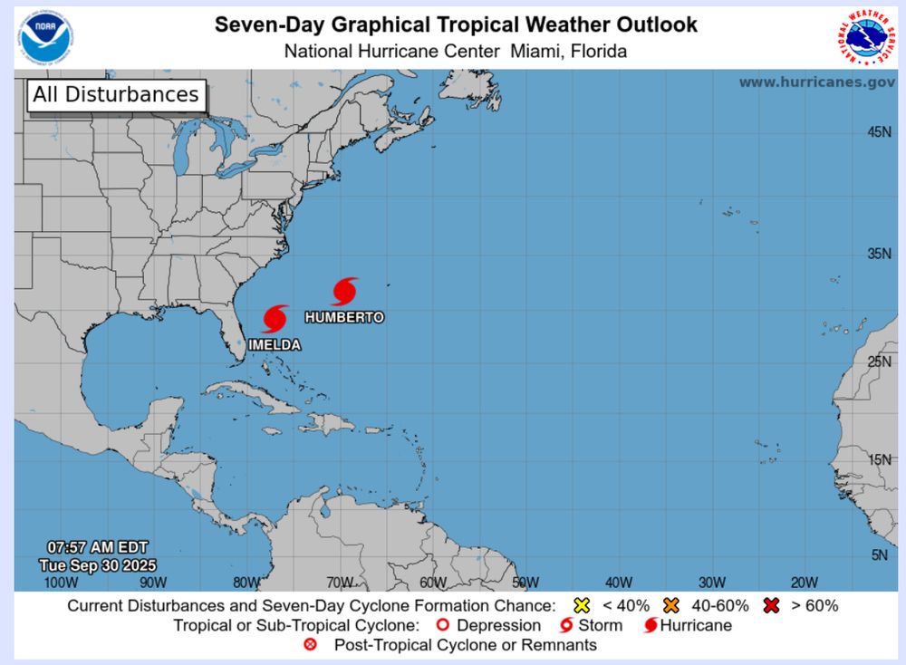 Bild zeigt Hurrikan Humberto und Imelda vor der US-Ostküste, Quelle NOAA