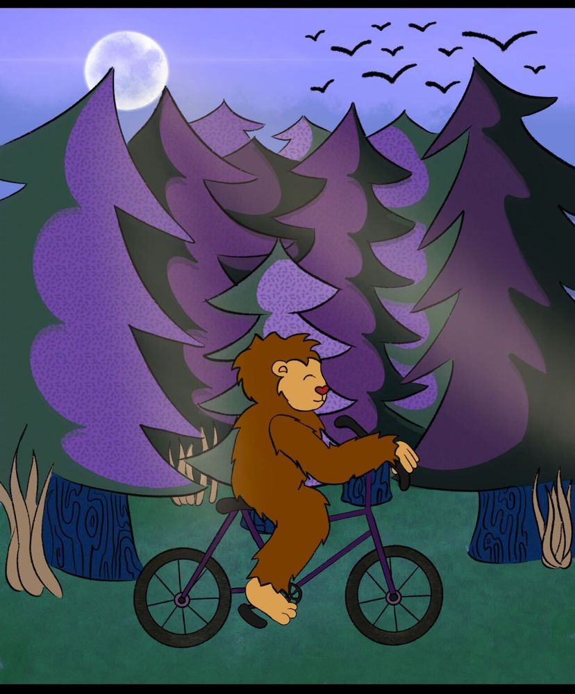 A whimsical illustration shows a forest scene at dusk, with a full moon in the sky and silhouettes of flying birds. In the center, a cheerful cartoon Bigfoot rides a bicycle through colorful pine trees in shades of purple, green, and blue.