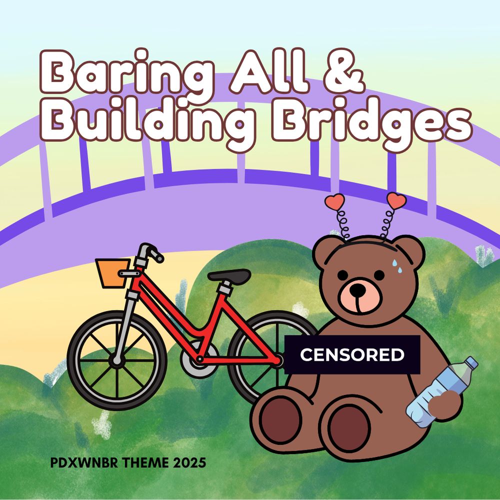 An illustration depicts a brown teddy bear sitting upright, holding a blue water bottle. The bear wears a playful headband with two heart-shaped antennae. A black censorship bar with bold white "CENSORED" text stretches across its chest. To the left of the bear, a red bicycle with a front basket rests on the grass. In the background, an abstract purple bridge arches across a park-like setting. At the top of the image, bold white text with a brown outline reads "Baring All & Building Bridges."