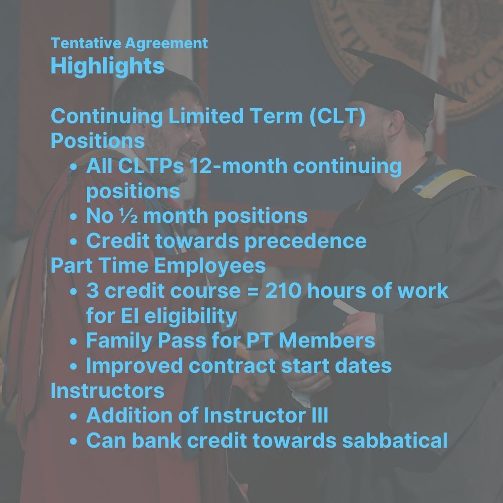 Photo of faculty member and student shaking hands with text saying:
 “‘CLT positions: All CLTPs 12-month continuing positions; no 1/2 month positions; credit towards precedence’ 
‘Part Time Employees: 3 credit courses = 210 hours of work for EI eligibility; family pass for PT members; improved contract start dates’ ‘Instructors: addition of instructor III; can bank credit towards sabbatical’”