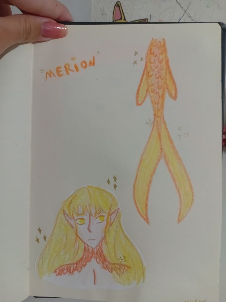 Um tritão que desenhei a um tempinho, ainda não criei uma história pra ele, mas ele se chama Merion, é um príncipe e tem 19 anos😀👍