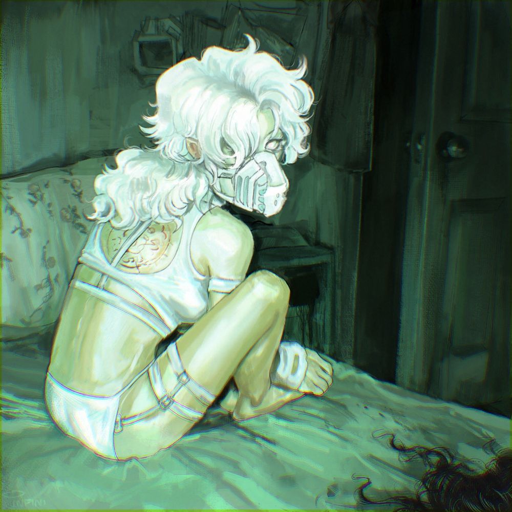 digital painting of dorian, a white-haired androgynous person sitting on a bed in a darkly-lit room