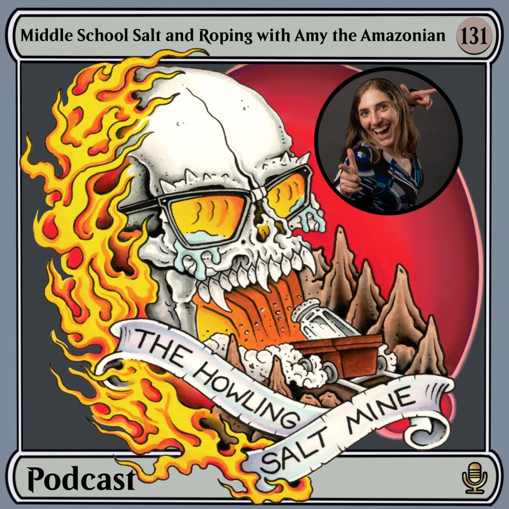 The extremely cool HSM podcast art with a big ol’ skull with glasses. Amy the Amazonian is doing finger guns.