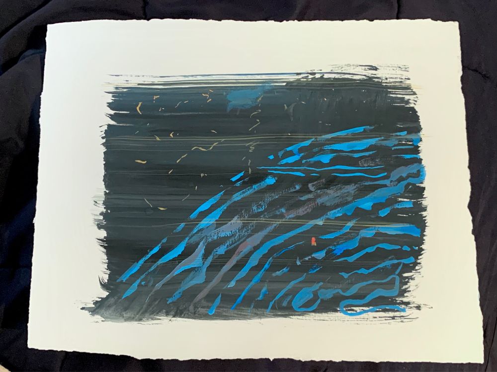 An abstract painting on fine art paper. There are many horizontal streaks of thin yellow over a black and blue horizontal plane. There are tiny lines in yellow dancing about almost like a star field over a blue planet. The “planet” shape though not explicitly a space  scene is a series of blue lines almost resembling a fingerprint taking up a rounded around that takes up the bottom right of the painting and the middle 