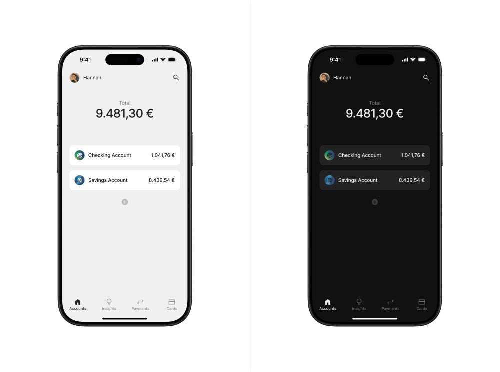 Light and dark mode design of a mobile banking app