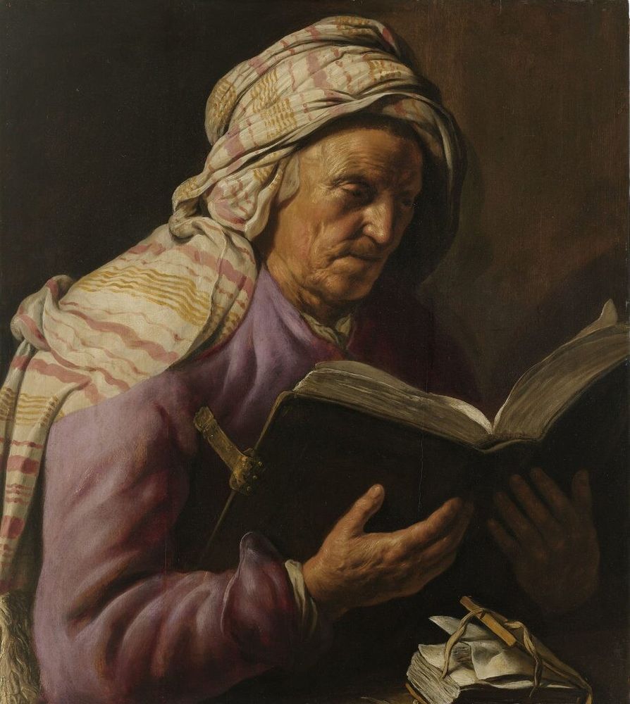Oil painting of an elderly woman reading a book. She wears a high-cut purple dress and a striped headscarf.