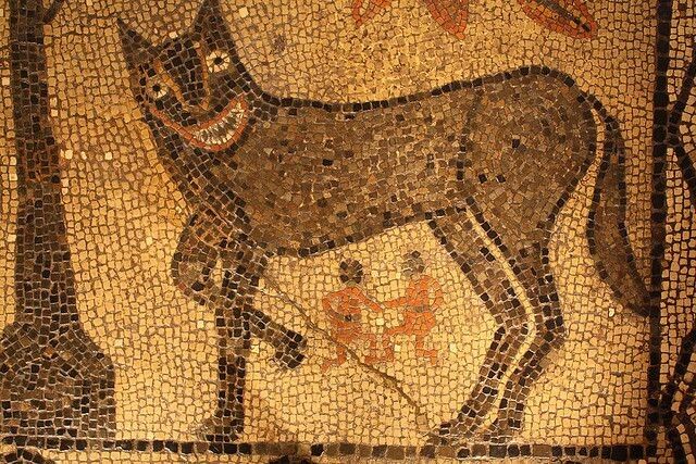 Mosaic of Romulus and Remus with their adoptive mother the wolf.