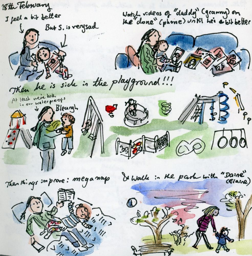 Sketches of a day with a sick toddler - he is very sad and only wants to look at pictures of granny on my phone and then he is sick in the playground!