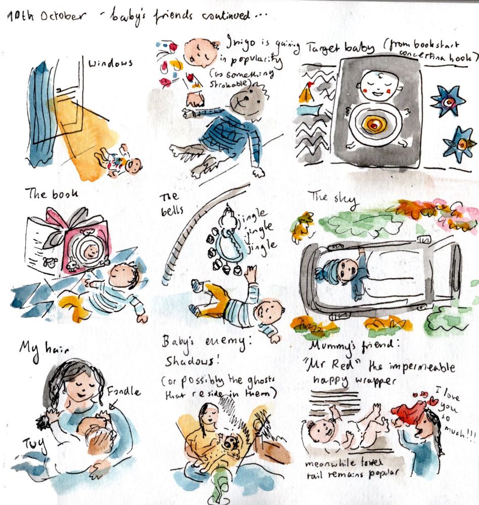 More of baby's first friends, including windows, bells, the sky, my hair; also baby's first enemy: shadows (or the ghosts residing in them)