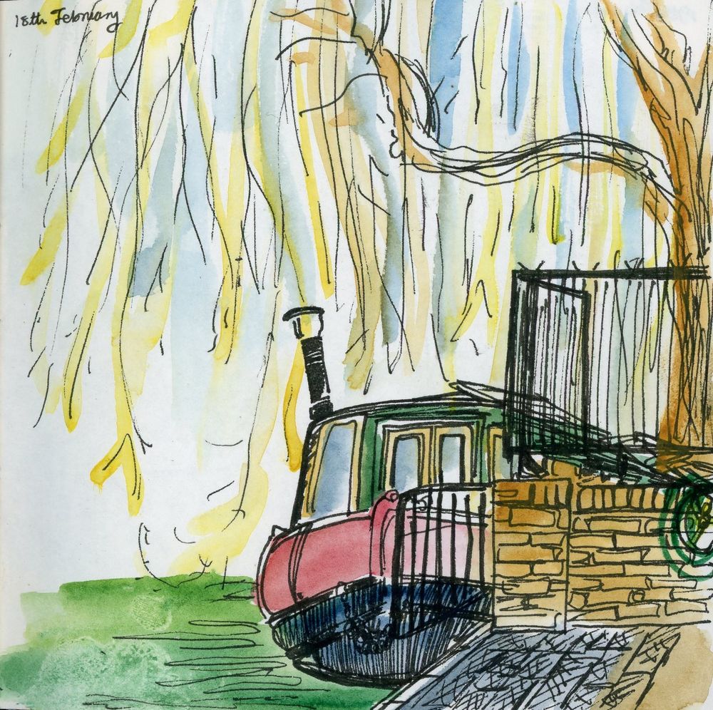 Sketch of a red and green narrowboat with a perkily angled chimney on the canal under yellow willow branches