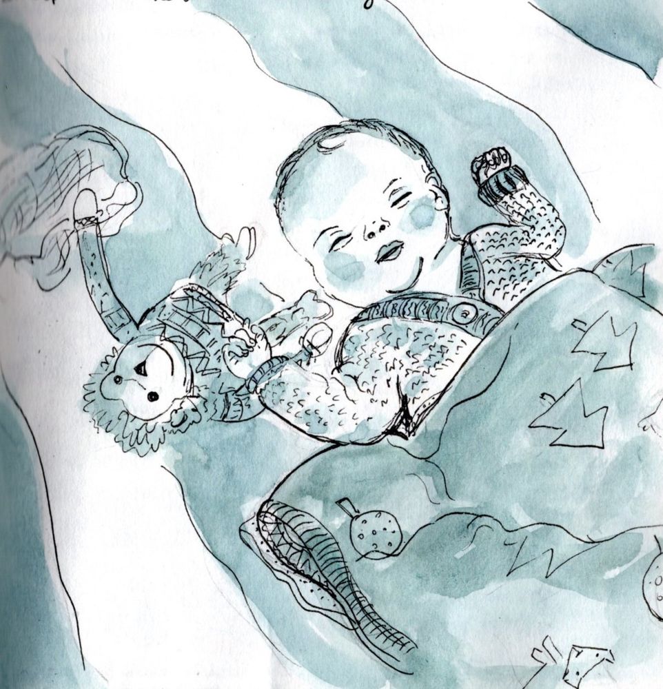 Sketch of sleeping baby - his hand resting on toy gorilla in a wooly sweater