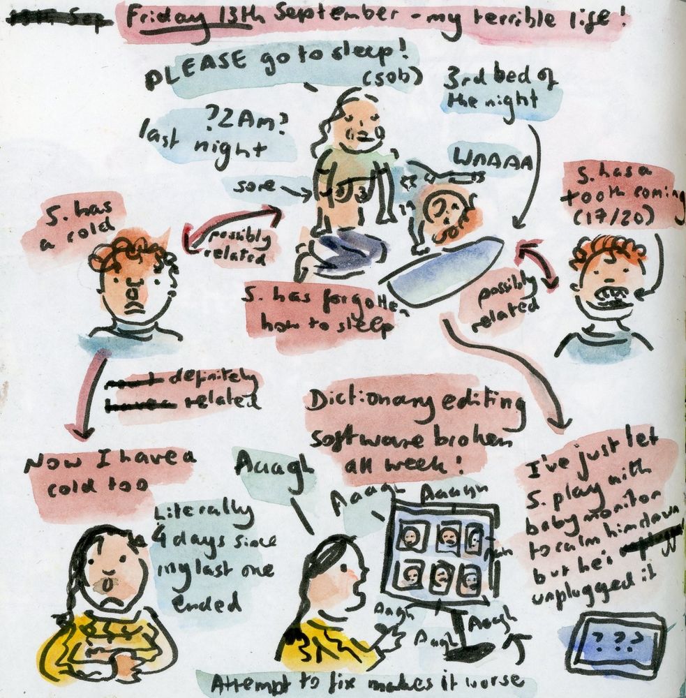 Sketches of "my terrible life" - toddler has forgotten how to sleep (I am depicted kneeling next to him with sore nipples sobbing "PLEASE go to sleep") - relatedly we both have colds and he has a tooth coming; also, my work dictionary software is broken and attempts to fix it make it worse; and while drawing this I allowed toddler to play with baby monitor and he unplugged it, so now I can't see him