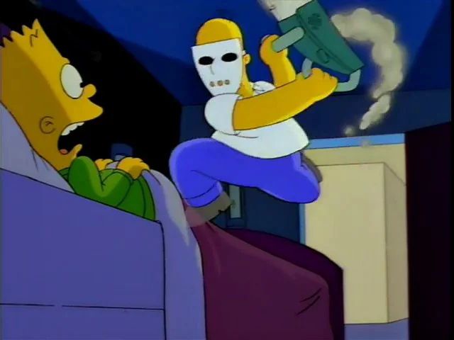 homer simpson running into bart's room. he is wielding a chainsaw and wearing a hockey mask. bart is in bed and looks absolutely terrified 