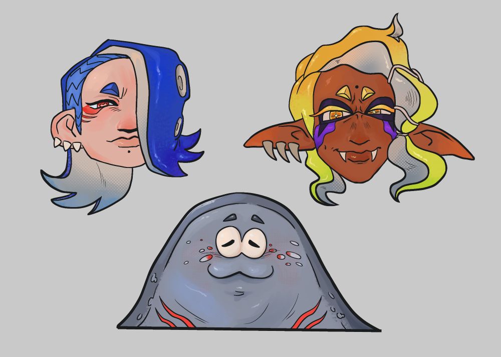 Headshots of redesigns for each of the characters in Deep Cut, Splatoon 3's main idol group.