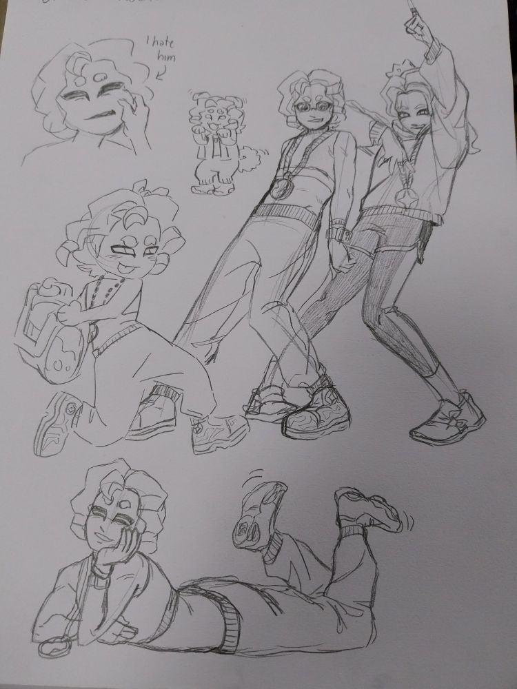 zoomed out view of a full page of sketches , mainly of fridge (an octoling)