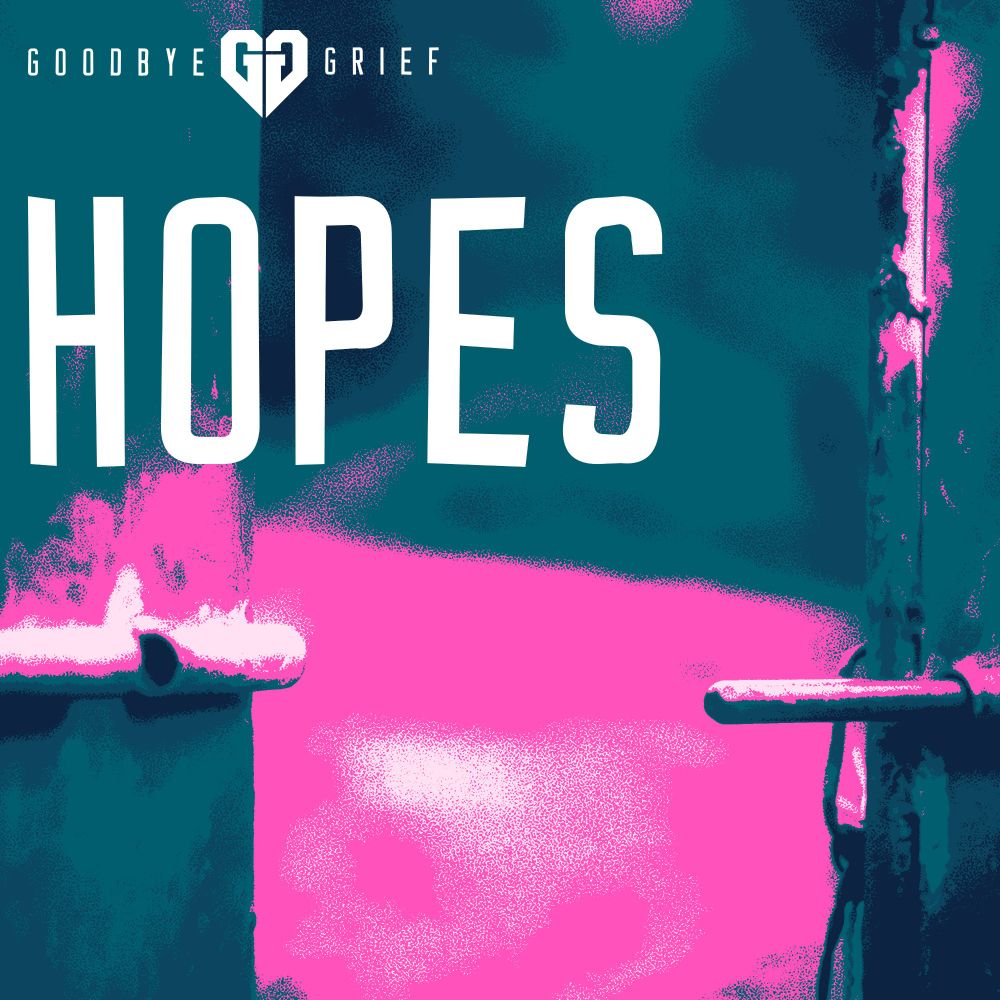 Cover der aktuellen EP der Düsseldorfer Punkrock Band Goodbye Grief. Zu sehen ist eine abstrahierte Darstellung eines Tors mit einem Riegelverschluss. Darüber ist das Logo der Band in Weiß und darunter der Titel "Hopes". Die farbliche Gestaltung ist in Türkis und Pink gehalten. 