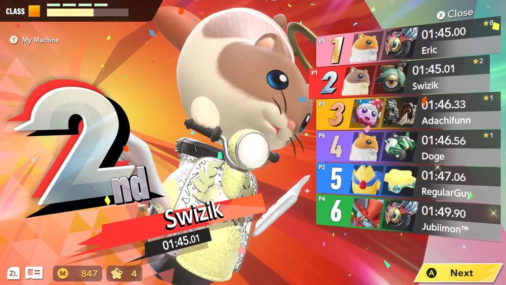 screenshot of the results screen in kirby air riders, i got second place by .01 seconds