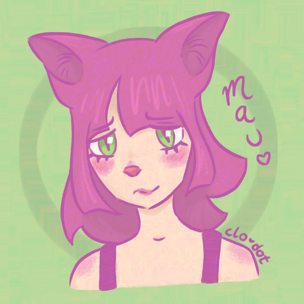 Digital drawing of a pink nekomimi cat girl named Mau (she/her) with pink hair and ears. She has green eyes and a little red animal nose.