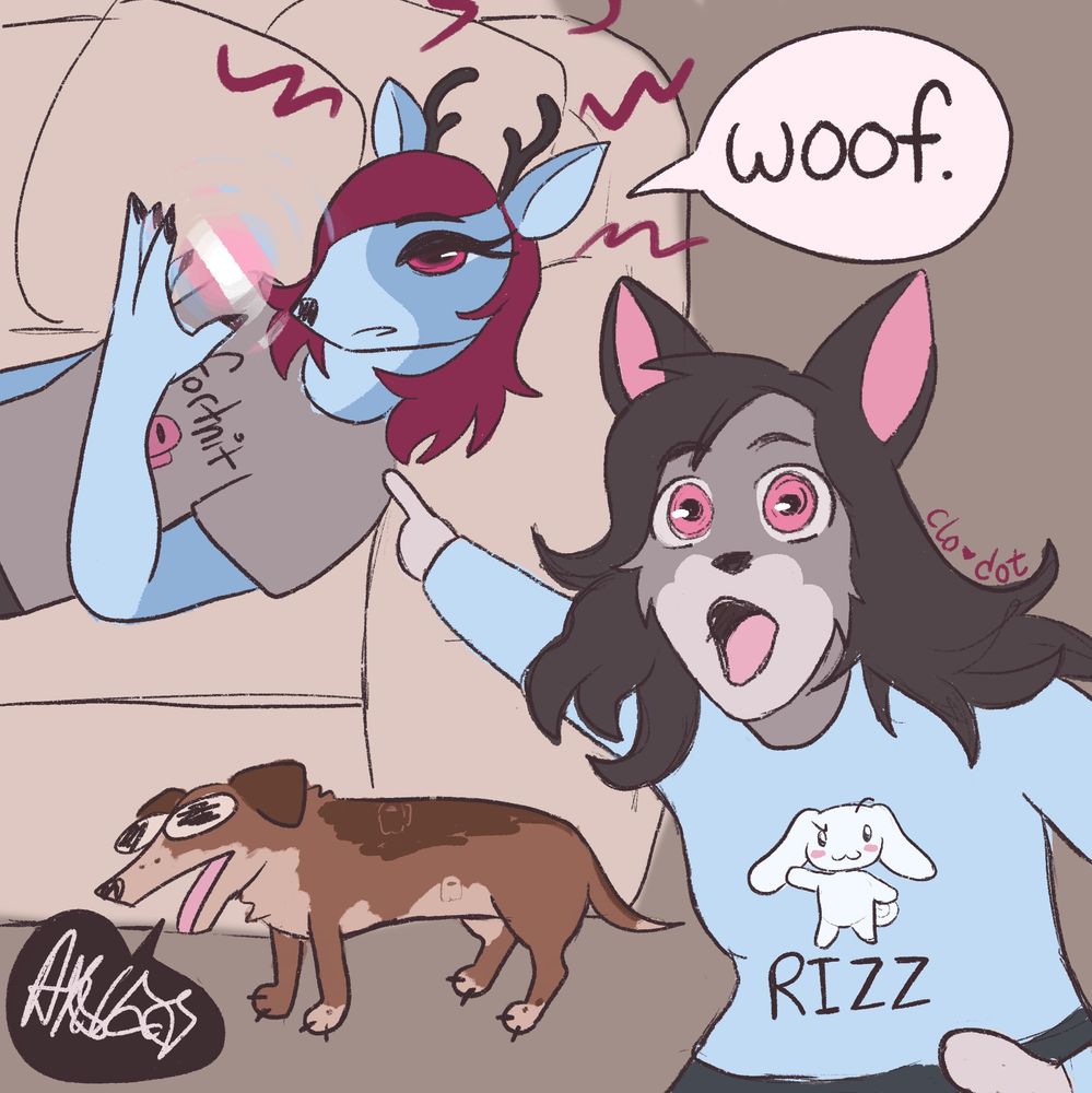 Furry meme drawing. In the foreground, a dog girl with a blue cinnamoroll rizz shirt points to her deer wife on the couch, who is holding a trans orb. A small brown dog (actual dog) makes a hacking sound.