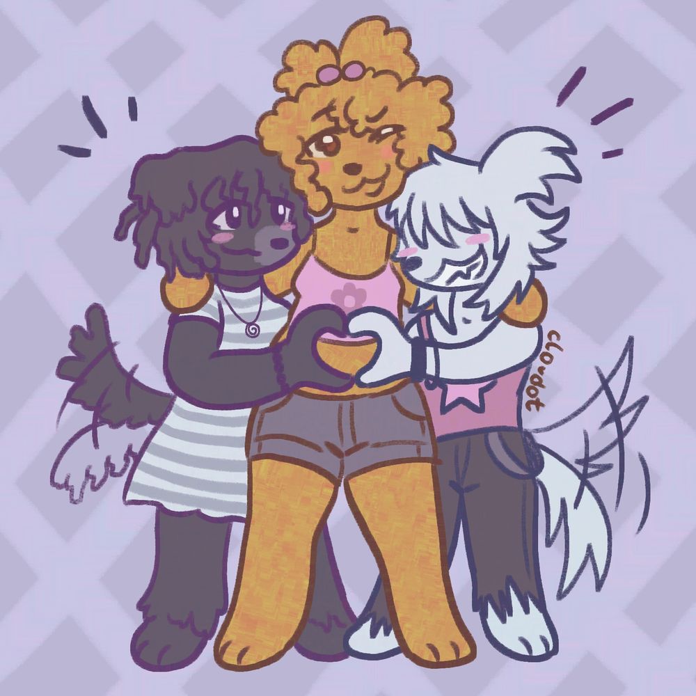 Digital drawing of three anthro dogs in a chibi art style. From left to right, their names are Kat (she/her), Girl (she/her), and Dog (he/she). Kat and Dog stand on either side of Girl, their tails wagging, forming a small heart with their hands at Girl’s waist. Girl holds both of them by their shoulders. 