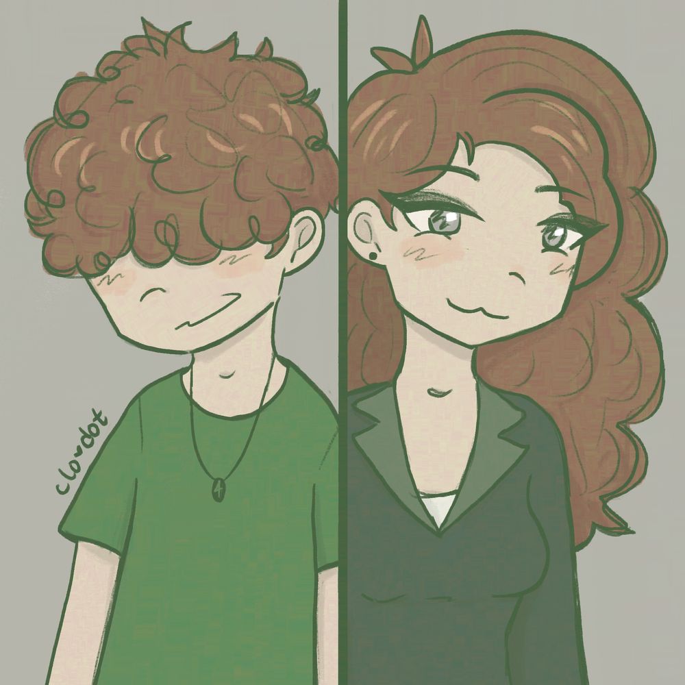 Two humans, both are a character named Bell. The left Bell is masc, with short hair, and he’s wearing a green t-shirt. The right Bell is fem, with long hair, and she’s wearing a dark green blazer. 