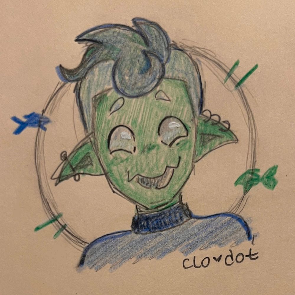 Traditional sketch of a fish boy named Vecks.  He’s smiling and colored with green and blue pencils.