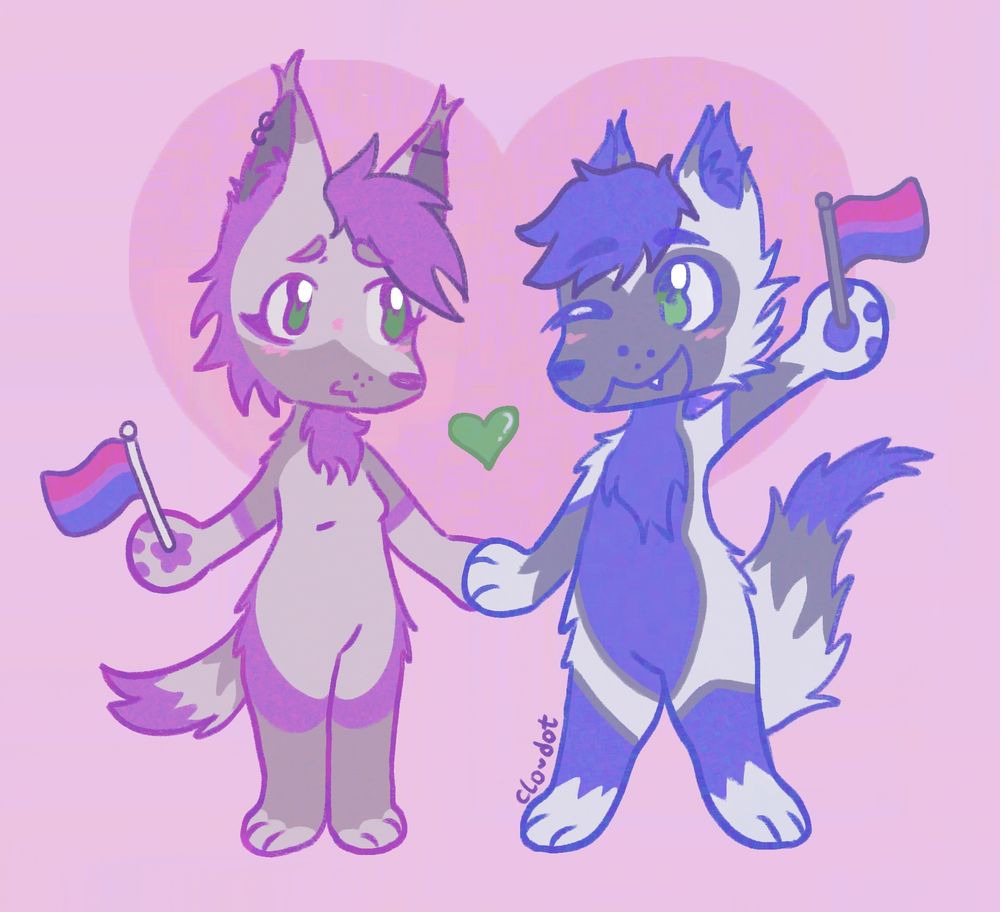 Drawings of a furry couple holding hands in a chibi, pastel art style. The left character, Stella (she/her), is a grey and purple wolf/lynx holding a bisexual flag. The right character, Nova (he/him), is a blue and grey fox/hyena character holding a bisexual flag.