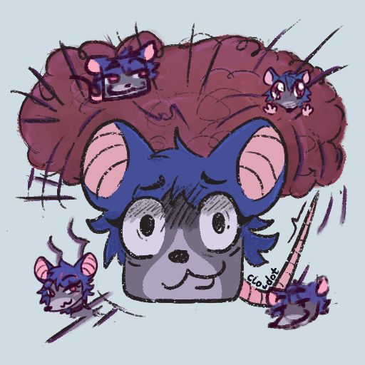 Drawing of a square grey rat with blue hair exploding. There’s 4 other tiny doodles of them as well.