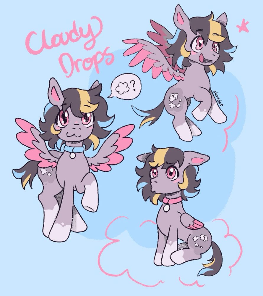 Cute pegasus pony named Cloudy Drops. She’s grey with white and pink accents and pastel blue and yellow streaks in her mane. Her cutie mark is a thought bubble with a question mark, and she’s wearing a dog collar. 