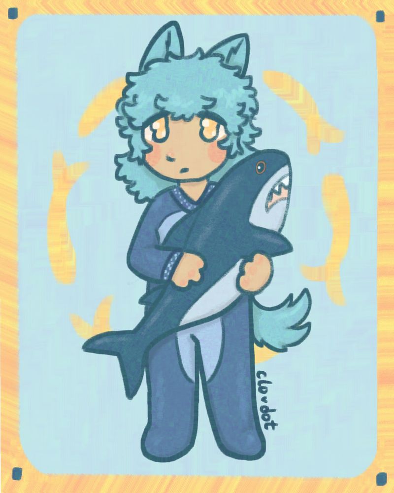 A kiddo in a shark onesie holds a large blahaj plushie shark. She has teal hair with small pointed animal ears and a fluffy tail. 