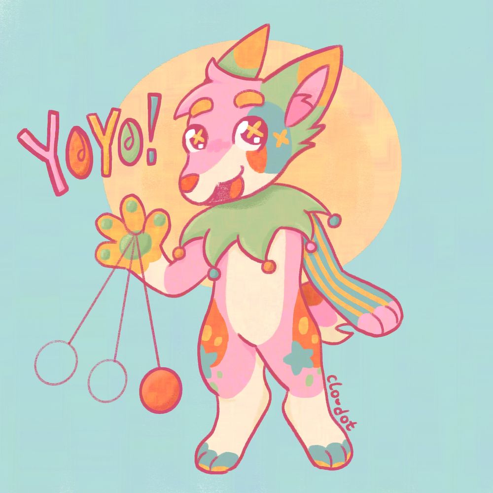 Colorful chibi drawing of a dog(?) anthro named Yoyo. They are smiling and yoing.