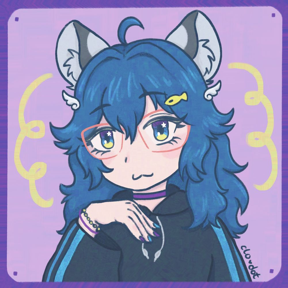Portrait of a cute nekomimi, a blue haired anime girl with snow leopard ears named Mimi (she/her).