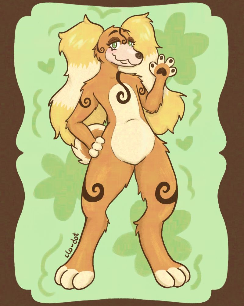 Digital fullbody illustration of an anthro dog named Sarah (she/her) standing with a hand on her hip and waving. She’s orange and yellow with swirl accents. The background is green with flower and squiggle shapes and theres a brown border.
