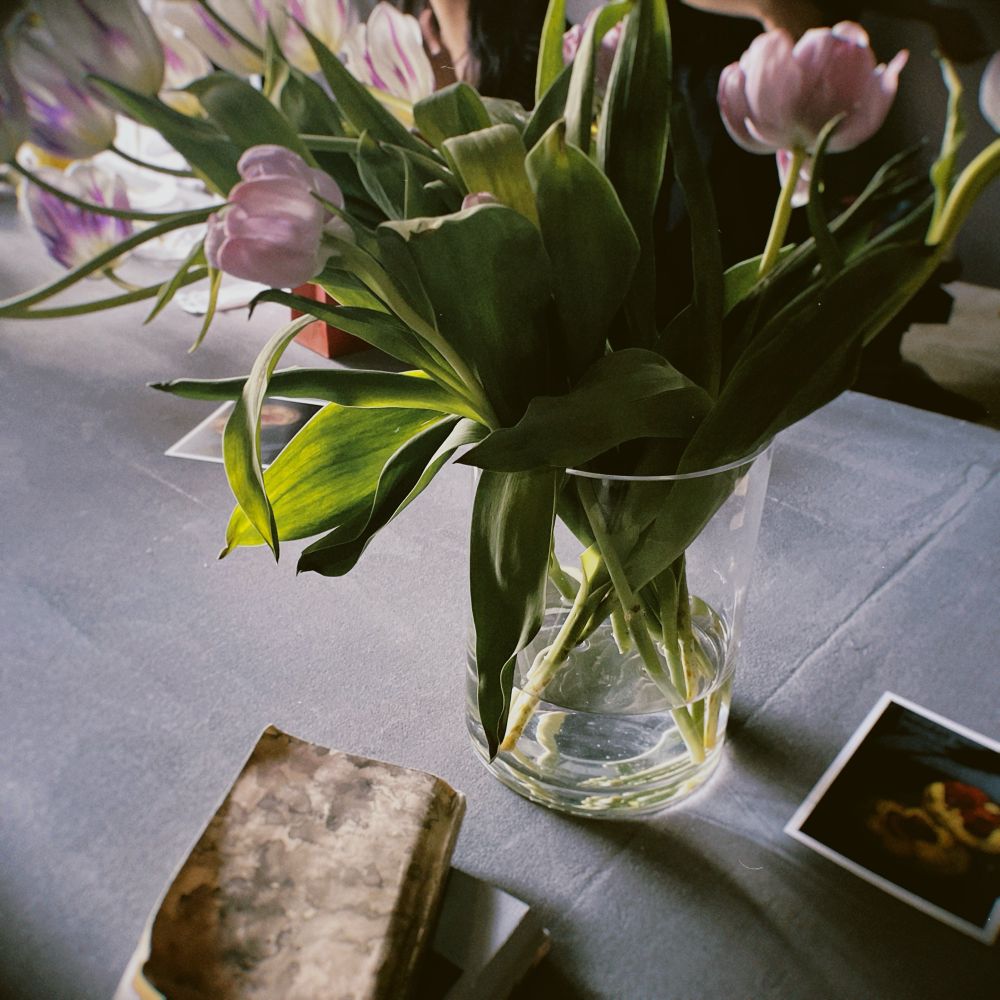 机上の写真。硝子の花瓶に活けられた花と本、写真が置いてあり柔らかな陰影がつくられている。
