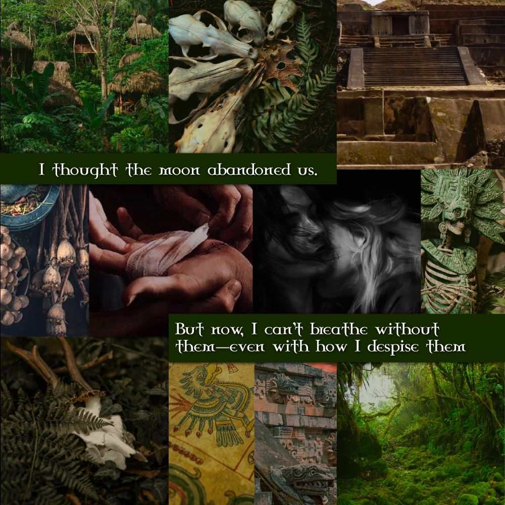 A moodboard with: huts in a jungle, bones, the steps of Templo Mayor, incense, a hand being wrapped, two individuals kissing, a jade-and-bone figure, a bone in the forest, a parchment drawing of Tlaloc, a close-up image of the sun pyramid at Teotihuacán, and a jungle