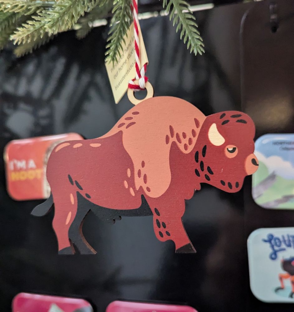 A wooden bison ornament hanging in front of a display of magnets