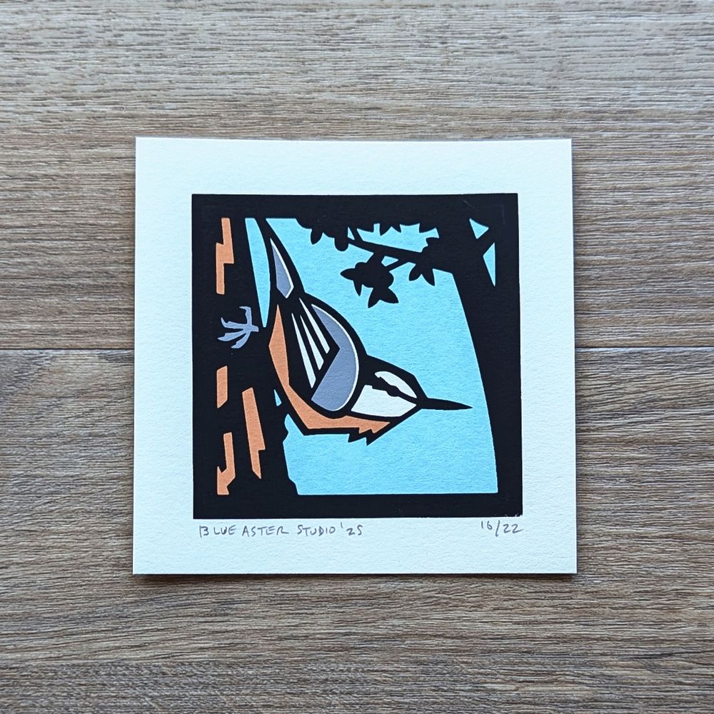 Illustrated screen print of a nuthatch perched in a tree trunk